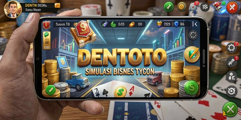 Tangkapan layar utama DENTOTO menampilkan aksi seru dalam membangun bisnis Tycoon.