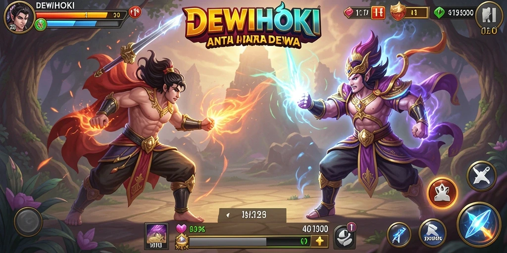 Tampilan pertarungan epik dalam DEWIHOKI dengan karakter mitologi.