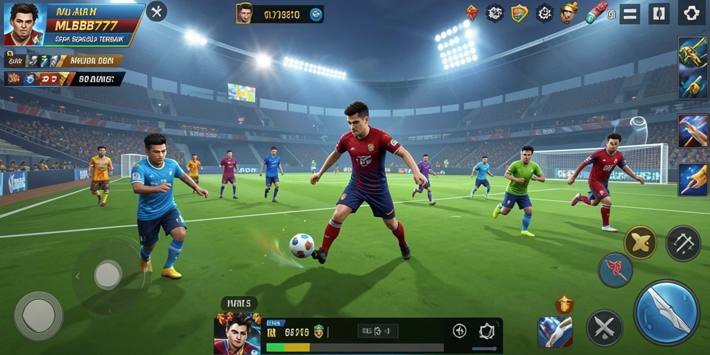 Tampilan gameplay seru di lapangan sepak bola MLBB777.