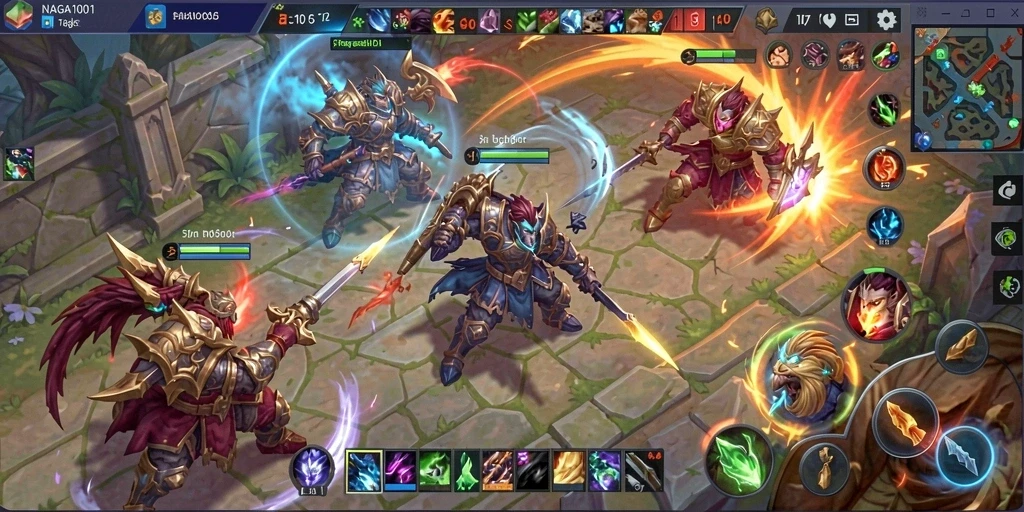 Screenshot gameplay NAGA1001 yang menunjukkan aksi seru di arena MOBA.