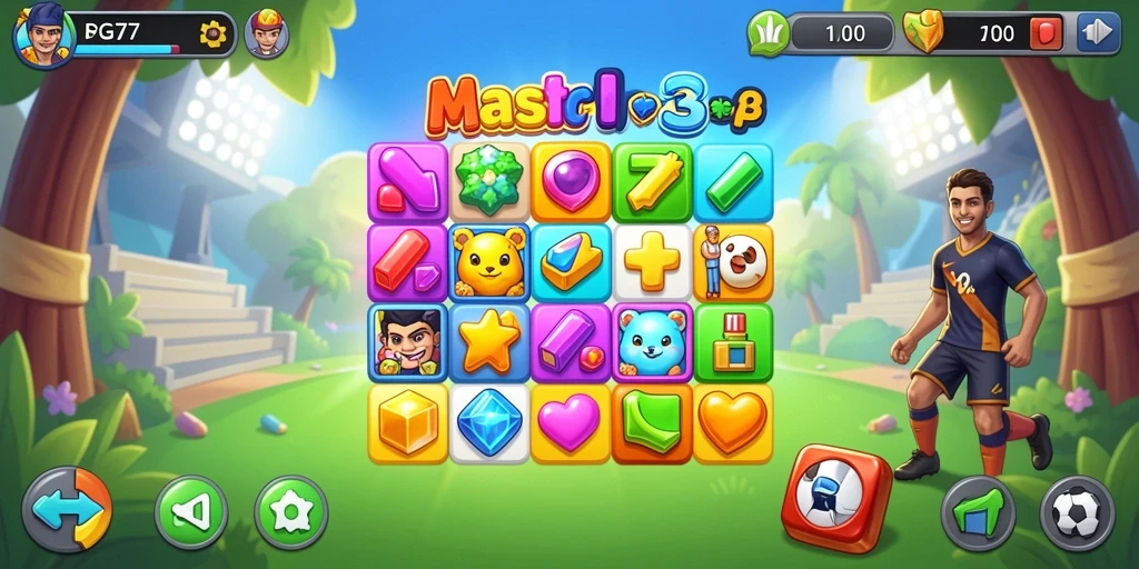 Tangkapan layar gameplay PSG77 dengan banyak permata cerah dan tantangan Match-3.