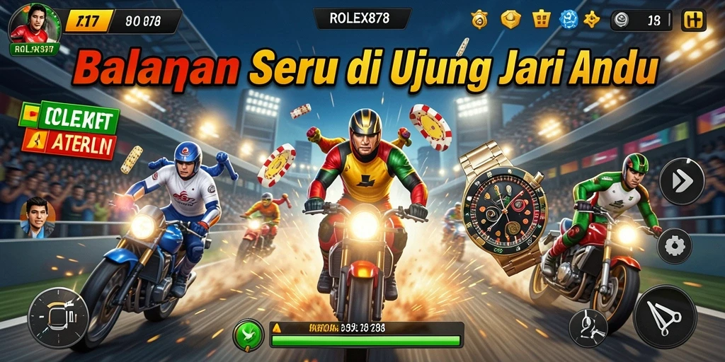 Screenshot gameplay ROLEX878 menampilkan aksi balapan yang intens dan mendebarkan.