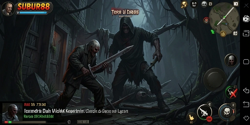 Screenshot gameplay SUBUR88 menampilkan suasana mencekam dan karakter menyeramkan.