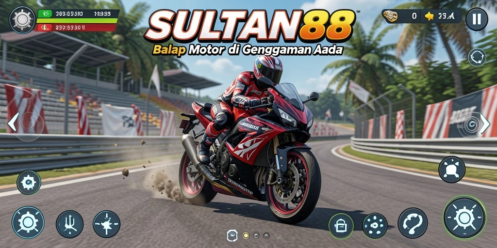 Screenshot gameplay SULTAN88 menampilkan momen seru balapan motor.